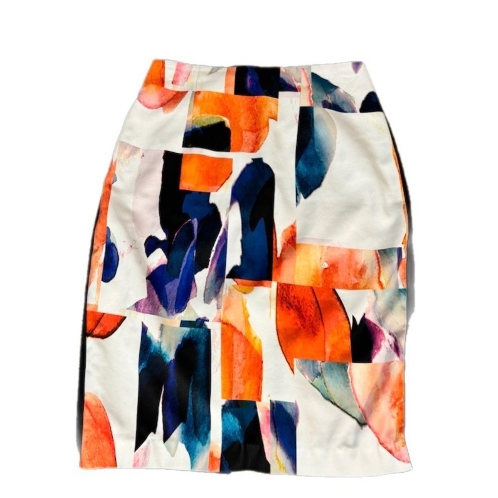 Ellen Tracy Pencil Skirt Women 8P Multicolor Abstract Watercolor Navy Blue Zip